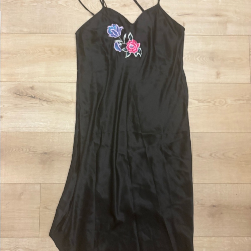 Vintage Black Slip Dress Satin Summer Floral Embroidery Boho Festival Dress Midi